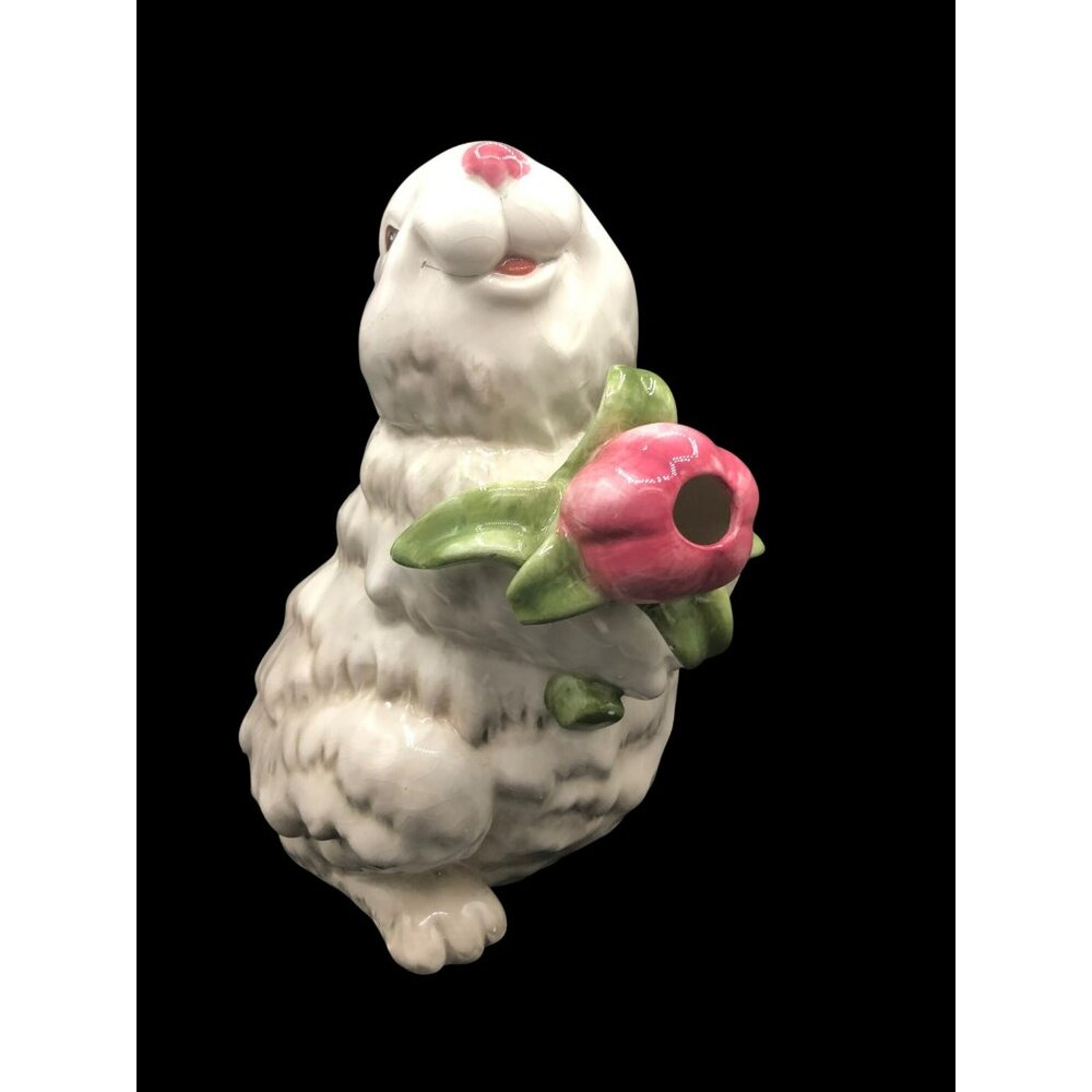 Magenta Rabbit-Shaped Ceramic Pitcher Holding Pink Tulip Vase Has Attitude